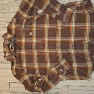 Carhartt Men's Casual Brown and Orange Flannel Plaid Shirt